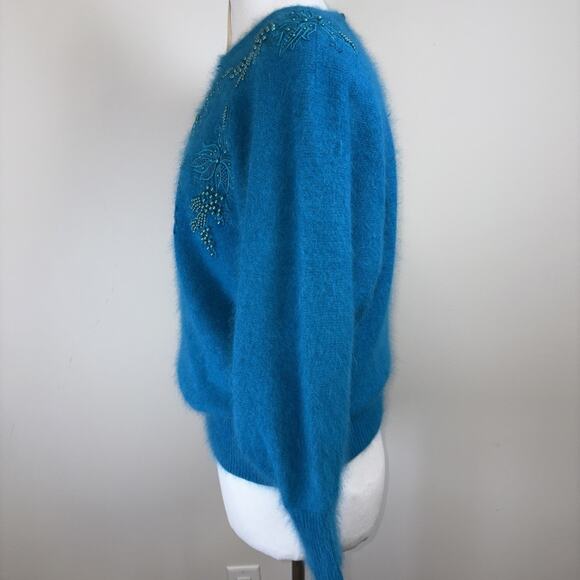 Lord & Taylor 80s Angora Teal Beaded Floral Fuzzy Sweater M - Picture 5 of 15